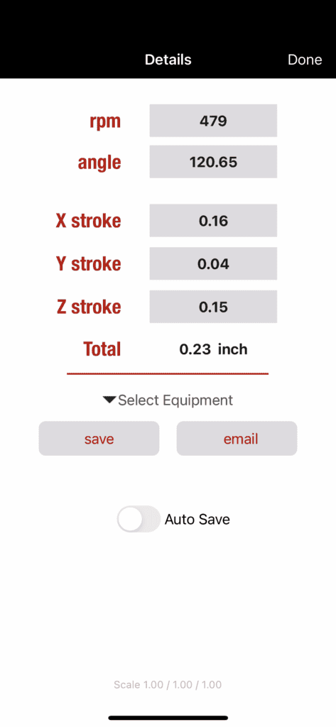 A screenshot of the GK APEX Wireless® app. There are several data points including rpm, angle, X stroke, Y stroke, and Z stroke.